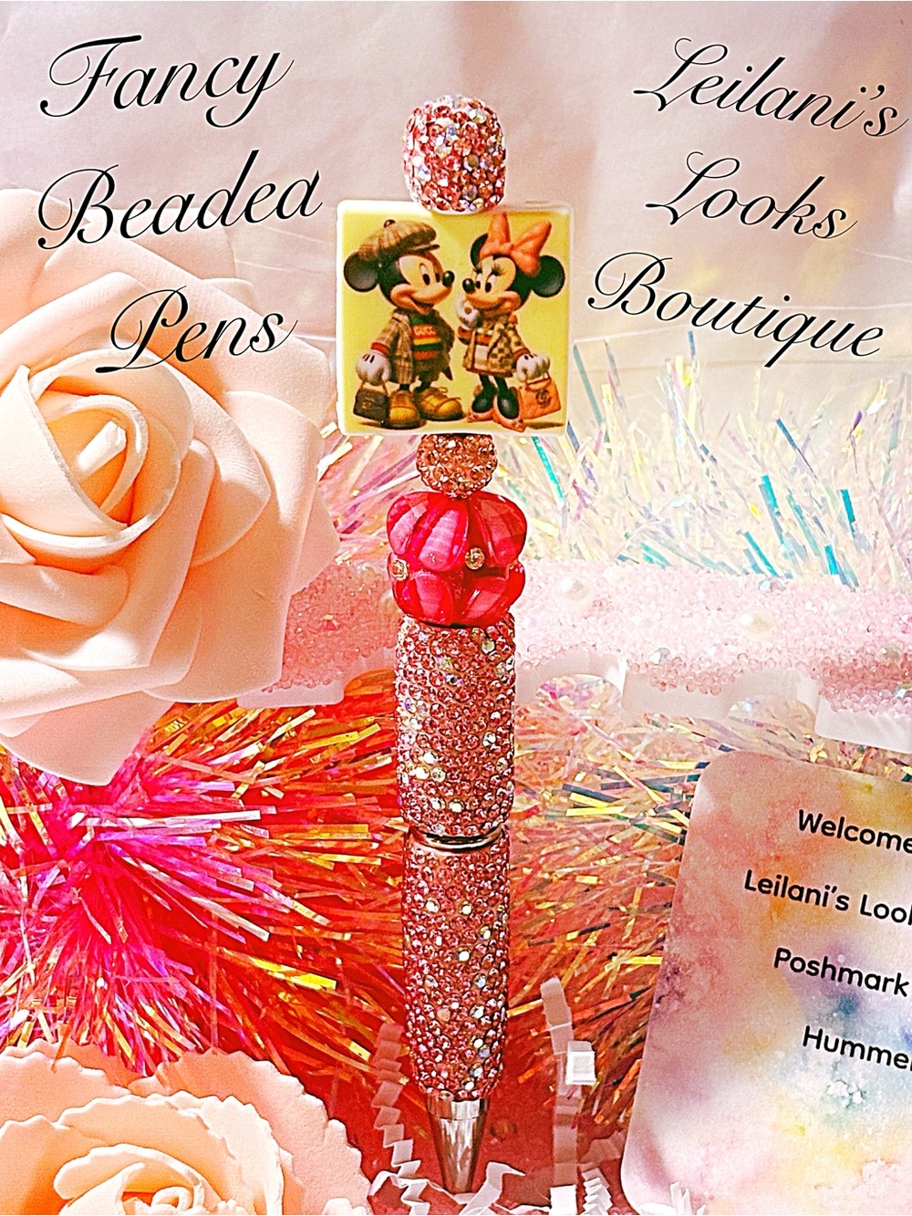 Fancy beaded Pen/gifts/pink beads/Mickey&Minnie/girly
